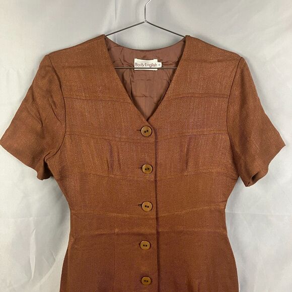 Body English Midi Dress 6 Vintage Brown 90s Button Sheath Retro Mod Office - Picture 2 of 10